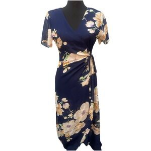 Amy Fashi Dress Women's XLarge Navy Blue Floral Print Maxi Wrap Around Lining